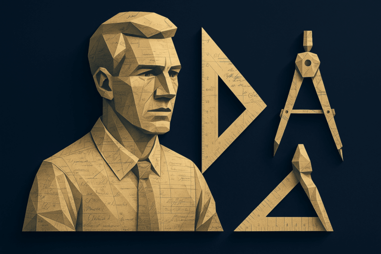 Origami-style engineer with triangle ruler, compass, and drawing tools in vintage patent paper design