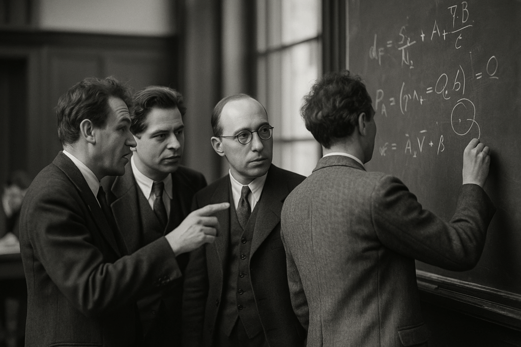 Eugene Wigner in a 1930s academic setting, observing a physics equation on a chalkboard with colleagues, symbolic of his quantum symmetry breakthroughs.