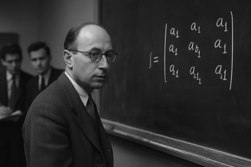 Eugene Wigner teaching quantum symmetry at a chalkboard, mid-20th century academic setting, with blurred colleagues in background.