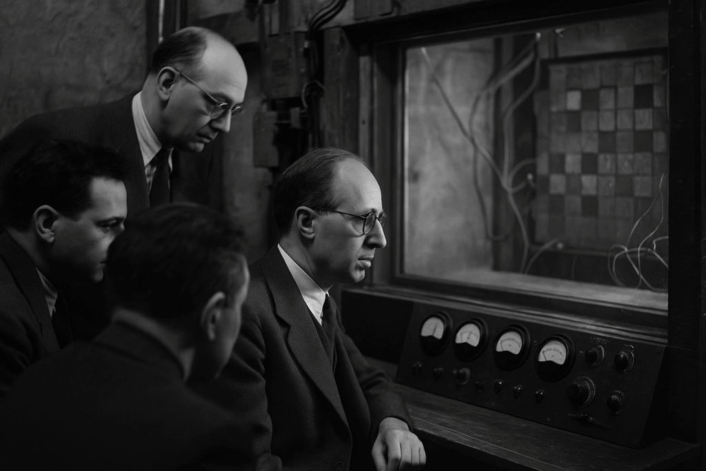 Eugene Wigner and colleagues observing Chicago Pile-1 reactor core through leaded glass in 1942.