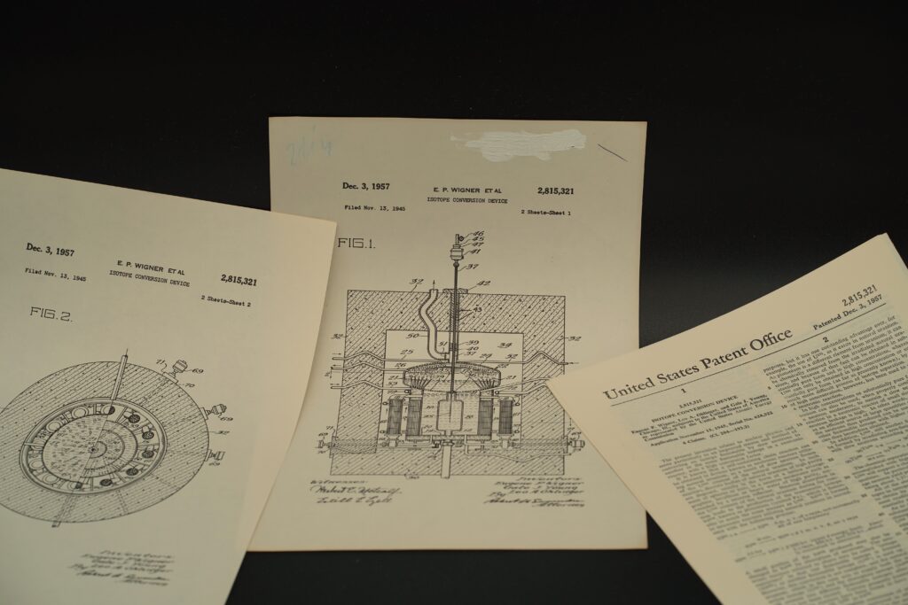 Original printed documents of U.S. Patent 2,815,321 by Eugene Wigner, titled “Isotope Conversion Device,”